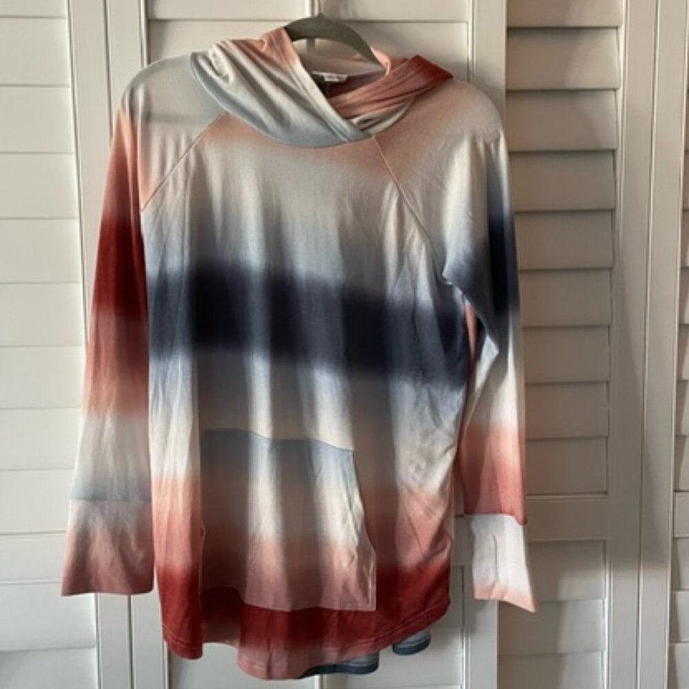LuLaRoe Striped Ombre Pullover Hoodie in Rust, Navy & Cream